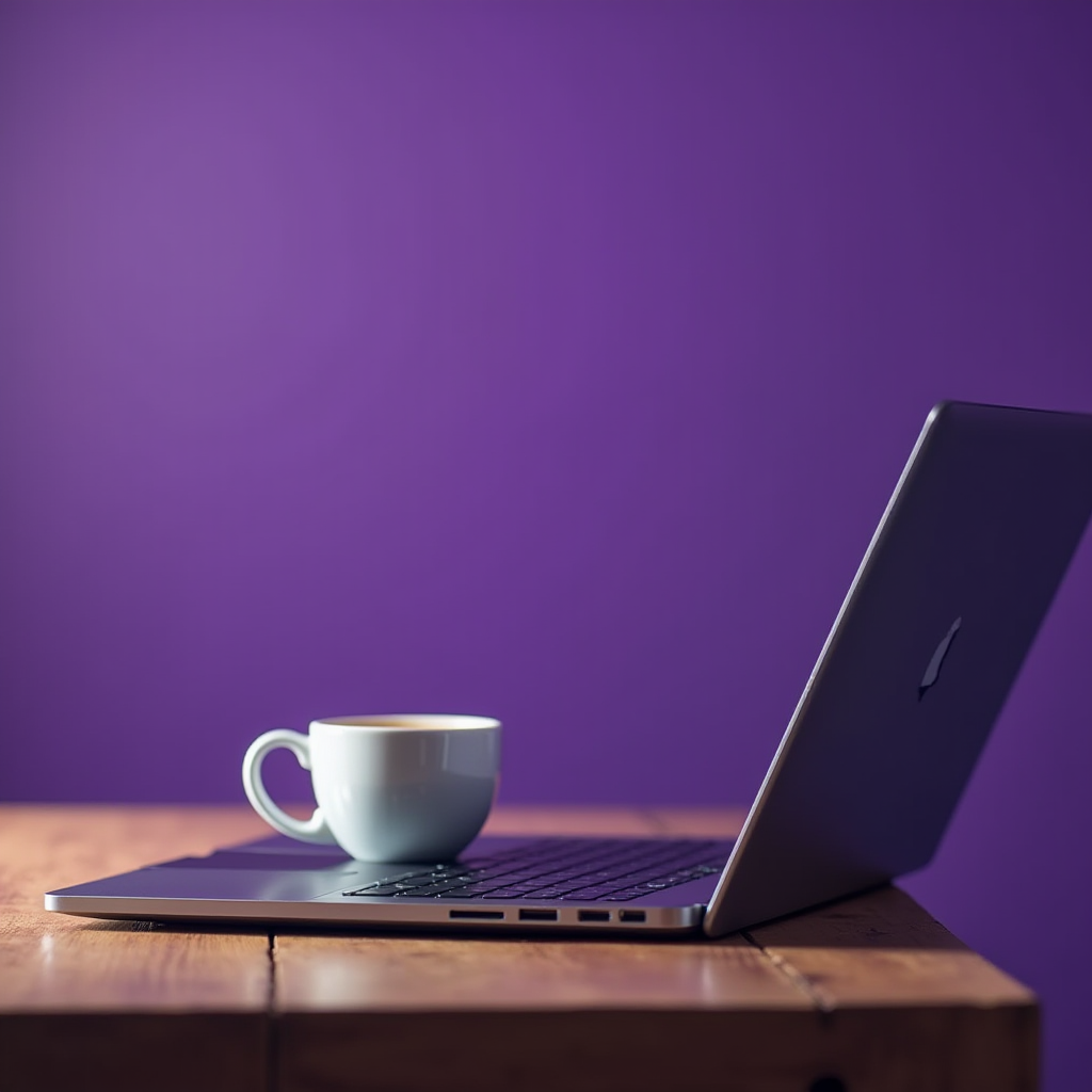 A laptop with a white coffee cup on it sits on a wooden table against a solid purple background.