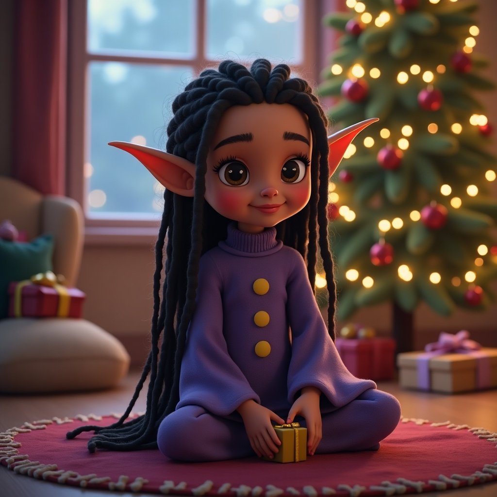 A cute girl elf with pointed ears sitting in front of a holiday scene. She has brown skin, long dreadlocks, and wears purple. She is holding a present.