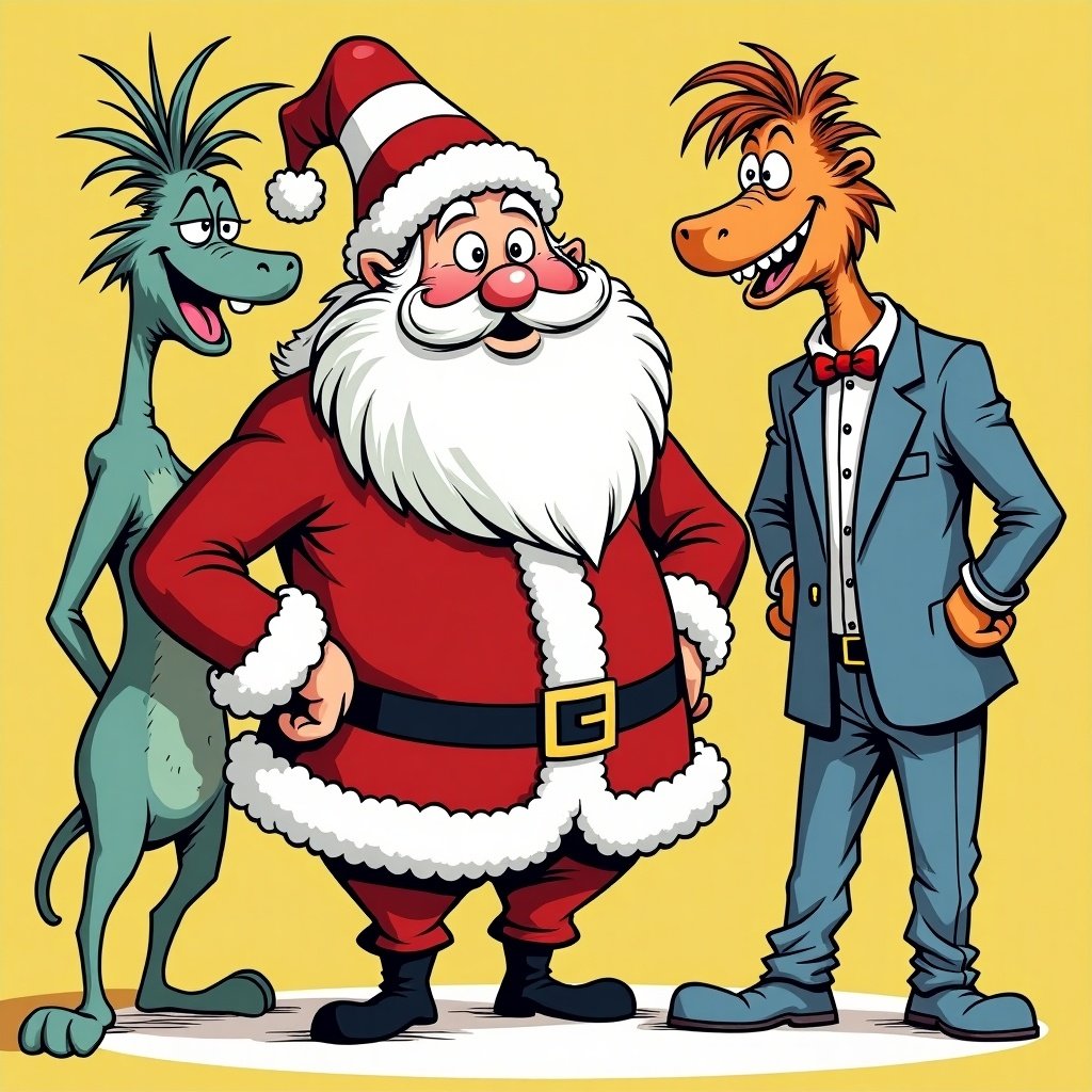 Santa Claus depicted in a cartoon style inspired by Dr. Seuss's Whoville characters. Santa wears a classic red suit with a big fluffy beard. Two whimsical creatures, one green and the other dressed in a suit, stand beside him. The background is bright yellow, giving a cheerful atmosphere.