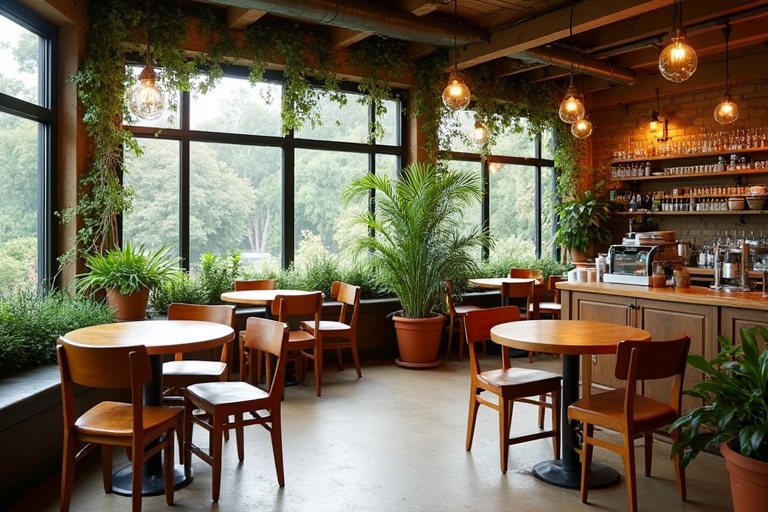 Interior of a charming café named. Features warm inviting setup large windows allowing natural light. Room adorned lush greenery decorative accents enhancing cozy atmosphere. Wooden tables and chairs create modern look perfect spot relaxation casual meetings.