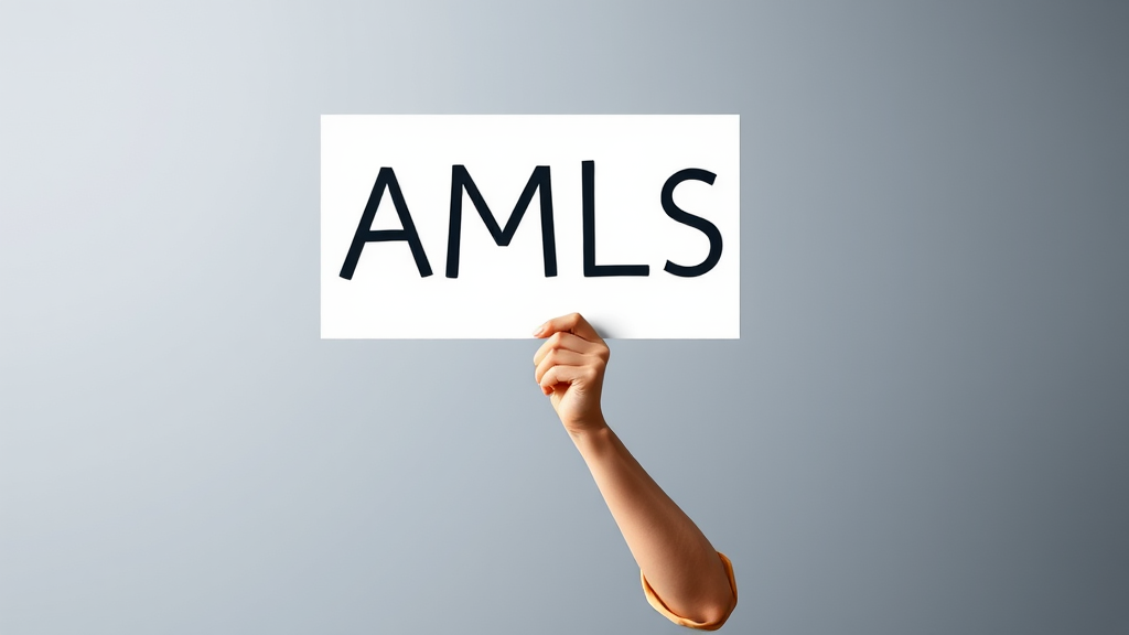 A hand is holding a white sign with the letters 'AMLS' against a gradient background.