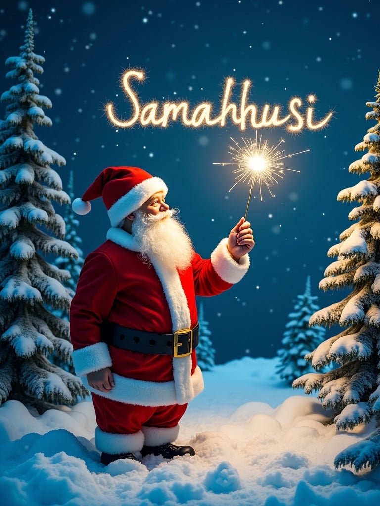 Santa Claus in a red and white suit writes the name Samahhusi with a sparkler in the night sky. Snow covers the ground and evergreen trees surround. The scene conveys a magical festive mood.