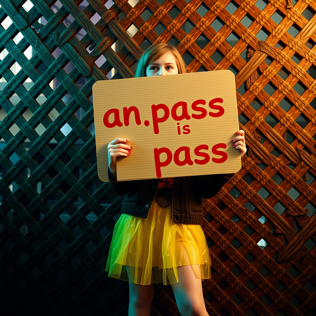 A person in a yellow skirt holds a sign saying "an.pass is pass" against a patterned wooden background.