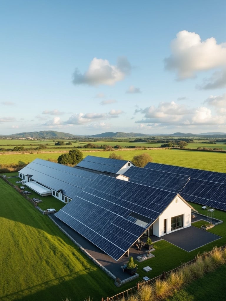 Large farm in Ireland features extensive solar panels. Lush green fields surround the property. Mountains provide a scenic backdrop. Clear blue sky enhances the atmosphere.