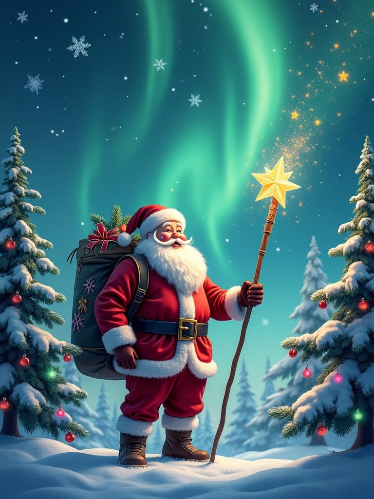 Christmas scene with Santa Claus. Decorated pine trees surround Santa. Vibrant northern lights illuminate the sky. Santa holds a wand writing 'lauren' in the air. Snow covers the ground.