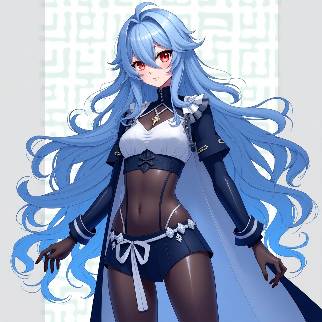 The image features a tall female character from the game Genshin Impact, hailing from the region of Khaenri'ah. She has long, wavy blue hair and striking red eyes that capture attention. The character is adorned in a stylish outfit that showcases her Electro vision. Her pose is confident, with her hands at her sides, emphasizing her sleek attire. The background consists of abstract designs that complement her character's color scheme.