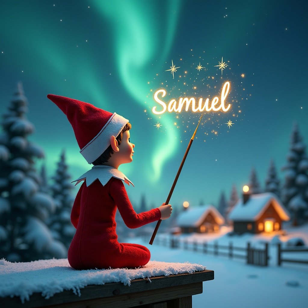 An elf sits on a wooden ledge with its back to the camera, gazing at a magical sky. The elf, dressed in a red outfit with a pointed hat, holds a sparkling wand. With the wand, the elf elegantly writes the name ‘Samuel' in the starry sky. The background features a snowy landscape with charming little houses and evergreen trees under the shimmering Northern Lights. This whimsical scene captures the essence of childhood magic and Christmas cheer.