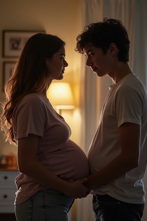 Portrait of a pregnant woman and her son holding hands. Silhouettes against soft warm lighting. Emotional appeal and connection are evident. Capture the essence of family support.