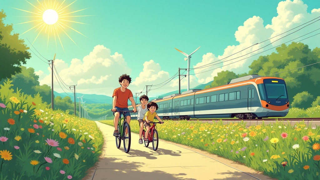 Solarpunk-inspired illustration in a comic style. Happy family rides bikes on a wide path. Lush greenery surrounds. Parents on tandem bikes with children. Background features a modern train. Sun shines brightly. Solar panels and wind turbines visible. Calm and harmonious atmosphere with painterly textures.