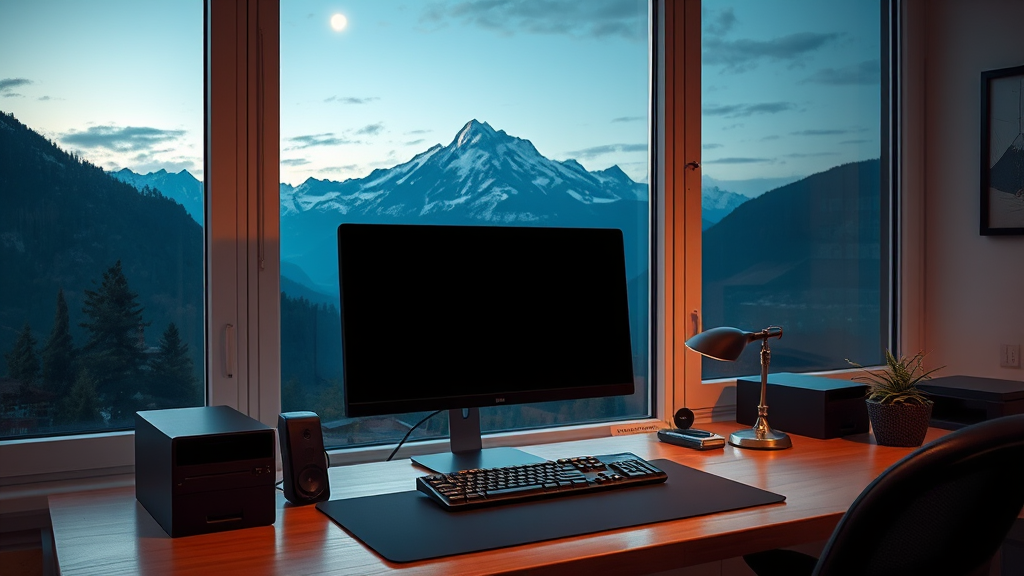 A well-organized workspace with a computer and lamp, set against a stunning view of snowy mountains and a full moon through large windows.