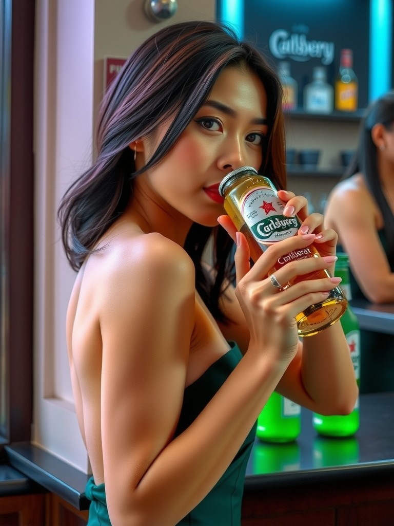 A woman in a bar holding a Carlsberg beer bottle, exuding a sense of elegance and style.