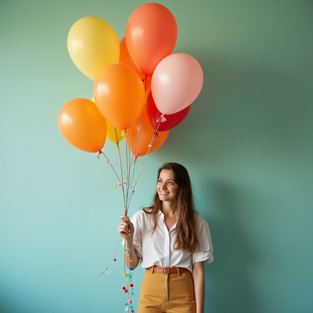 A woman in a white blouse holds a bunch of colorful balloons against a teal background.