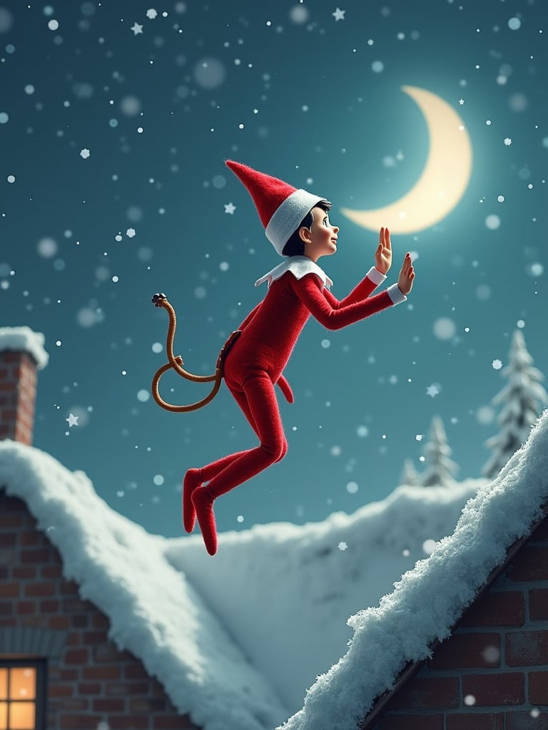 Elf dressed in red and white jumps from a snowy rooftop. Back turned to viewers. Elf reaching toward a crescent moon. Snowflakes falling around. Nighttime scene with festive atmosphere.