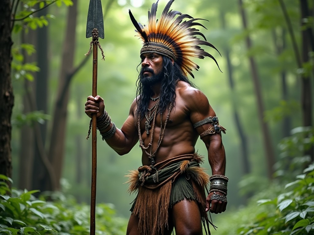 A strong warrior with a feathered headdress stands confidently in a lush, green forest. He holds a spear and wears tribal attire.