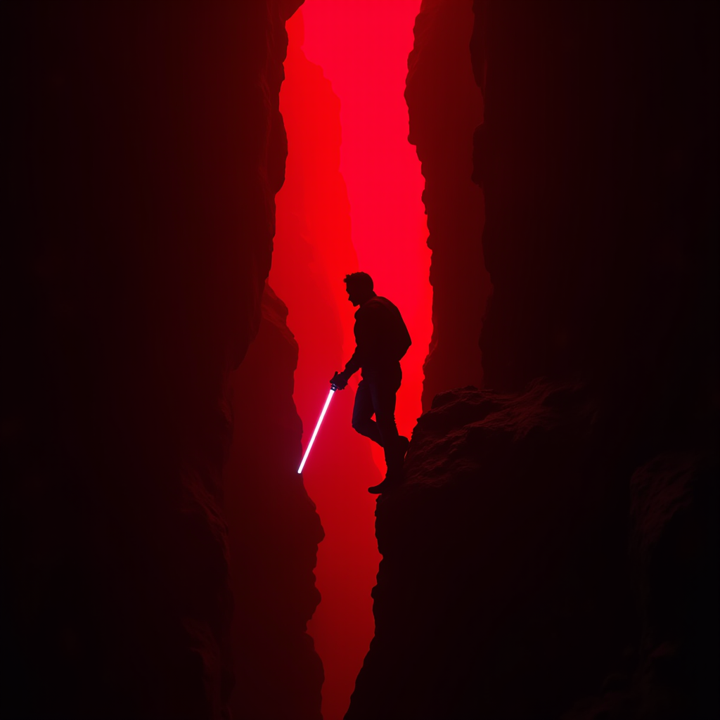 A silhouetted figure holding a glowing weapon stands between towering red rock formations.