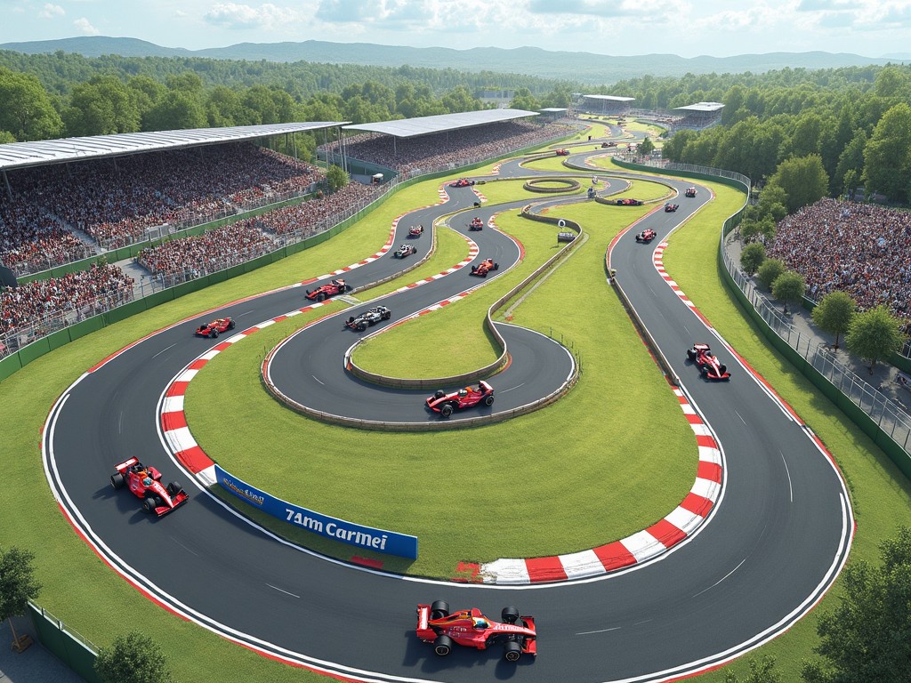 The image depicts a vibrant and intricately designed race track. It features two long straights, one measuring 1.5 km and the other 1 km. There are 14 corners on the track, designed in an anti-clockwise direction. Various Formula 1 cars are seen racing along the circuit, showcasing the excitement of motorsport. The surroundings are lush with greenery, and the stands are filled with enthusiastic spectators.