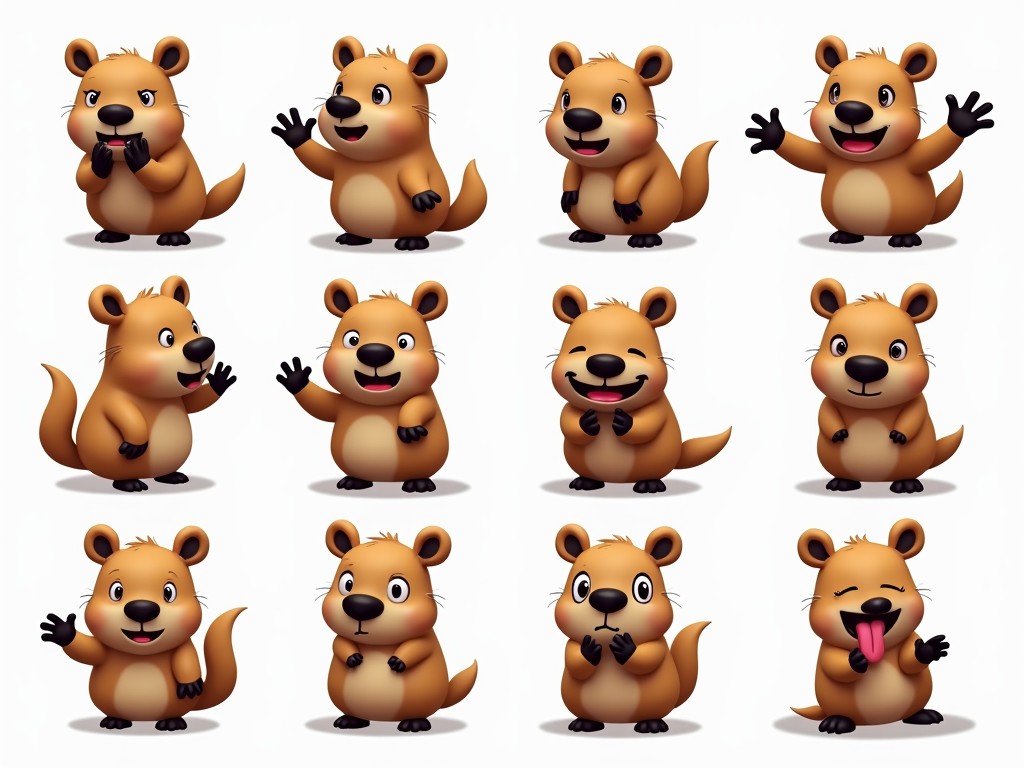 This image features a dozen adorable cartoon quokkas, each exhibiting a unique and playful expression. The quokkas are illustrated with a consistent style, showcasing their charm through big eyes and rounded forms. The expressions vary from joy and surprise to mischief and curiosity, capturing a wide range of emotions in a delightful, animated manner.