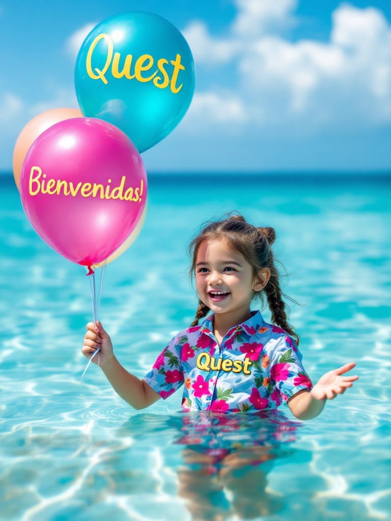 A young girl dressed as a daycare teacher. She wears a colorful shirt with the word Quest. She floats in clear Caribbean waters. She holds balloons that say Quest and Bienvenidas. The scene is festive with bright colors and cheerful vibes.