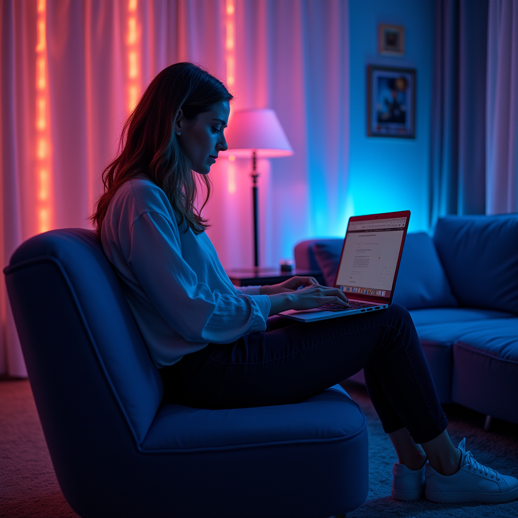 The image depicts a woman working on a laptop in a cozy, softly lit room, with neon pink and blue lights casting a vibrant glow.