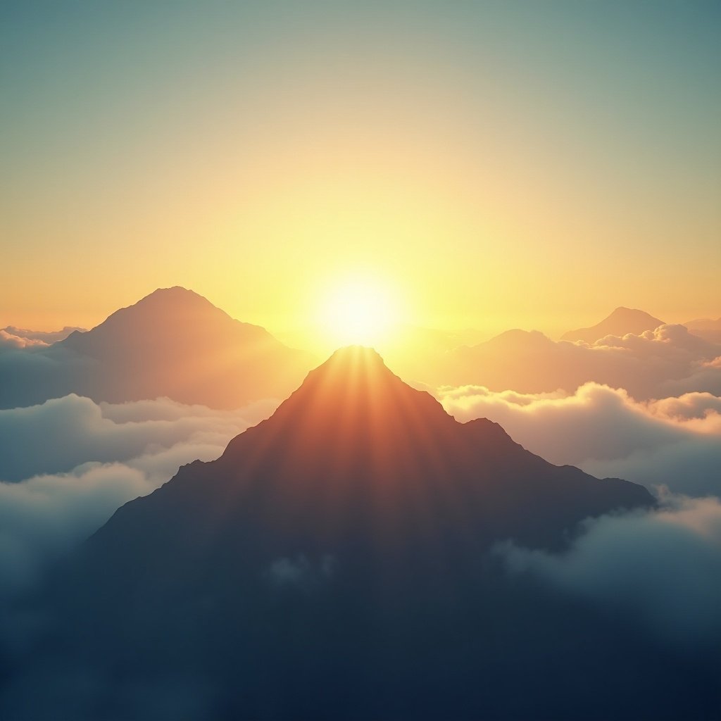 An inspiring background for a poster. Sunrise breaking through clouds over a mountain peak. Focus on natural beauty with warm golden and soft blue hues. Light rays shining brightly. Clear space for overlaying text. Emphasis on inspiration and inclusivity.