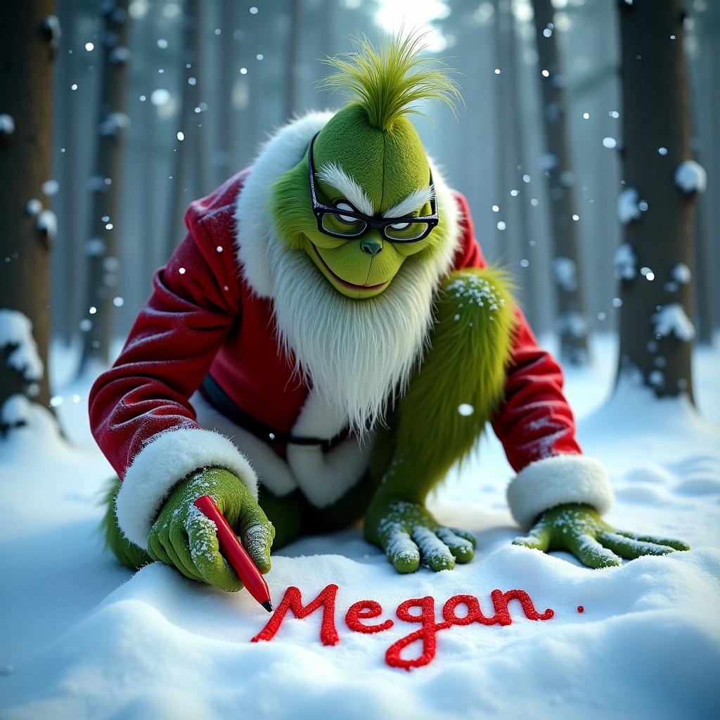 Grinch kneeling in snowy forest. Writing 'Megan' in snow with red marker. Snowflakes falling around. Magical winter atmosphere. Heartwarming holiday image.