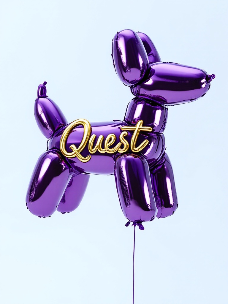 Shiny purple balloon shaped like a dog. Reflective surface. Gold lettering saying 'Quest.' Light blue background. Whimsical and artistic.