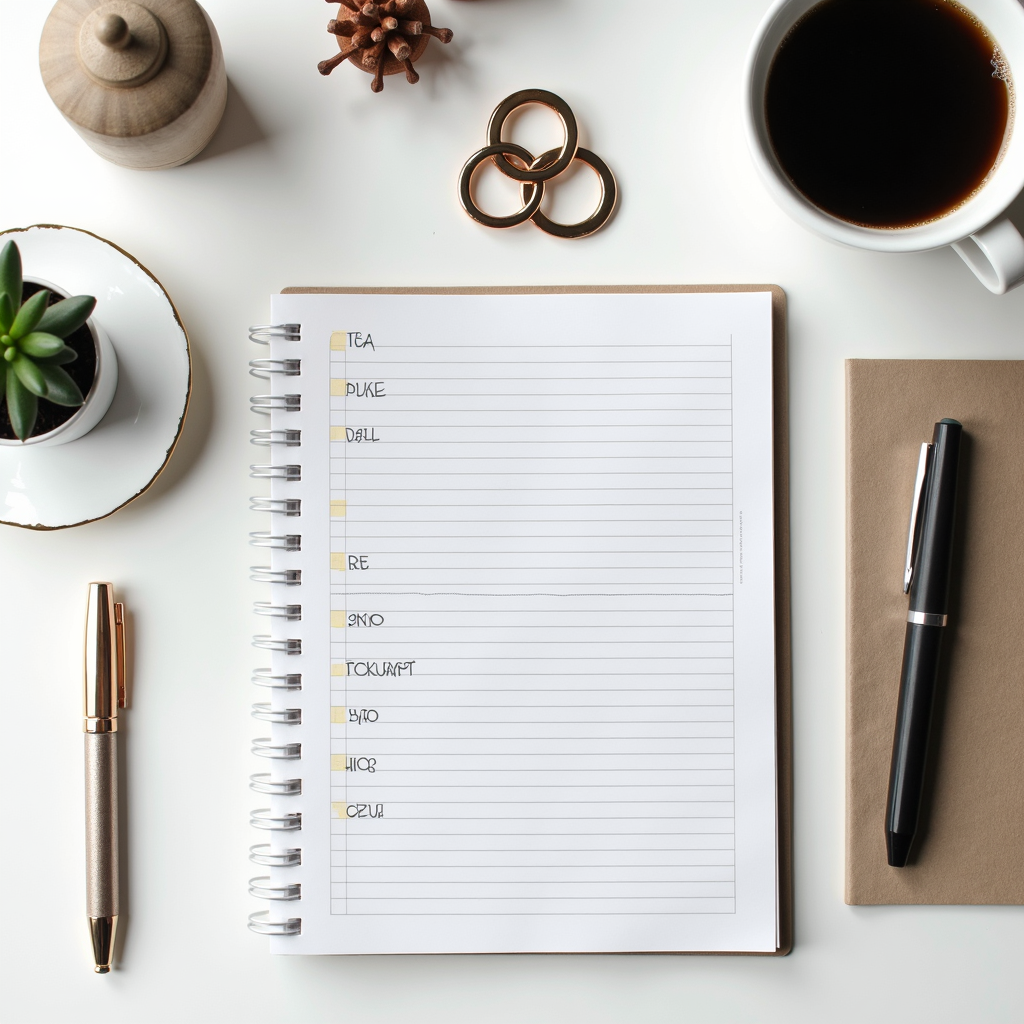 A neatly arranged workspace with a journal, pen, coffee, and decorative items on a white surface.