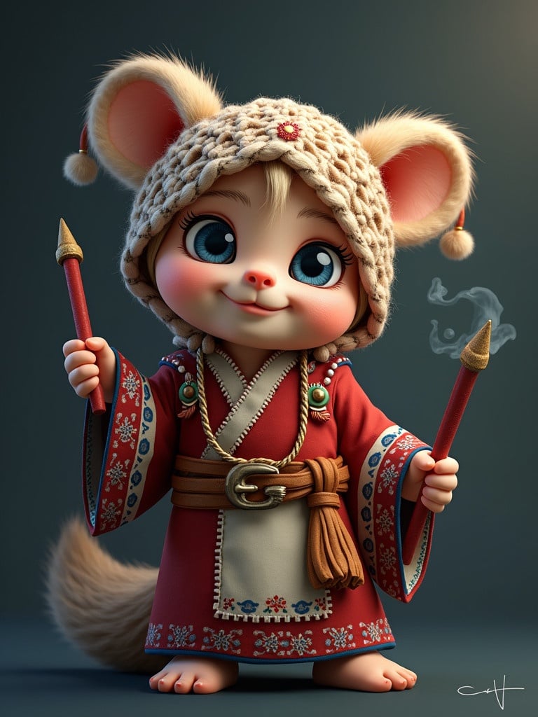 A chibi character wearing a traditional costume. Character has large ears and holds two sticks. The attire features intricate patterns and a belt. Background has soft lighting and neutral colors.