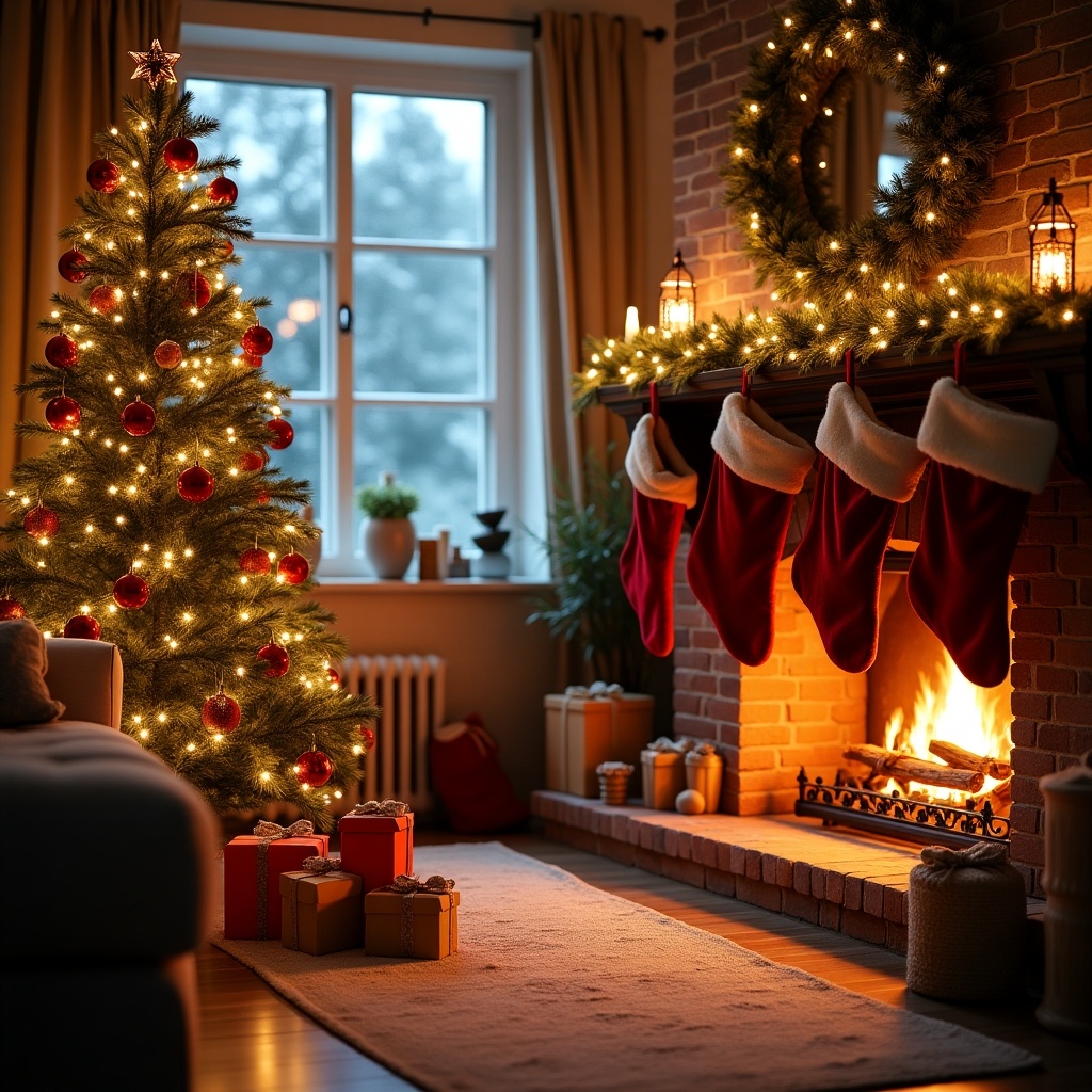 Cozy interior scene featuring a beautifully decorated Christmas tree and a fireplace. Warm lighting creates an inviting atmosphere. Includes gifts and festive decor.