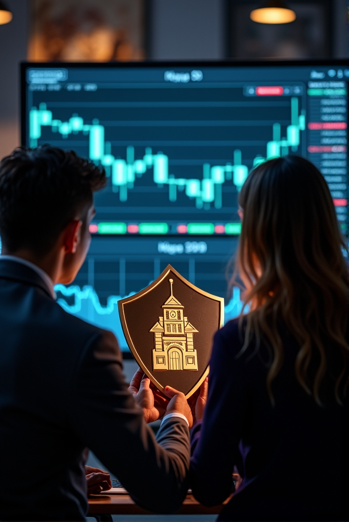 Two people hold a shield with a building emblem in front of a rising stock chart on a screen.