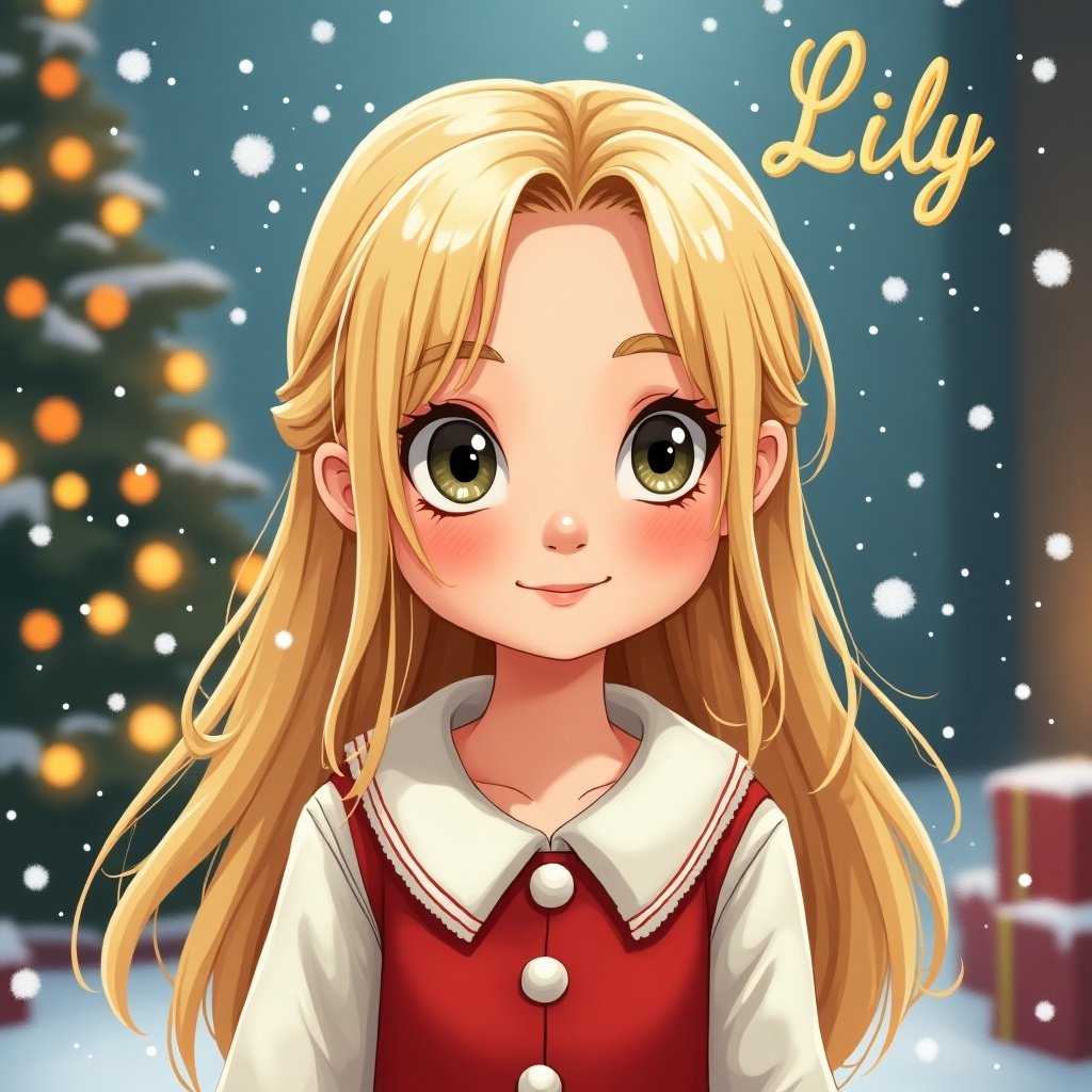 Cartoon character with straight blonde hair in Christmas setting. Wears a red dress with white buttons. Background features a Christmas tree and snowflakes. Name Lily displayed in the image.