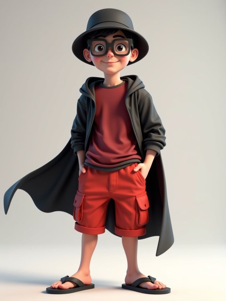 A 3D character illustration inspired by Pixar art. Character is a young man in playful pose. He is wearing a black bucket hat and futuristic glasses. The outfit includes a long-sleeve black shirt under a red short-sleeve shirt. Pants are black cargo pants with bright red shorts over them. He wears casual black flip-flops. A black cape flows behind him. The back is simple and neutral.