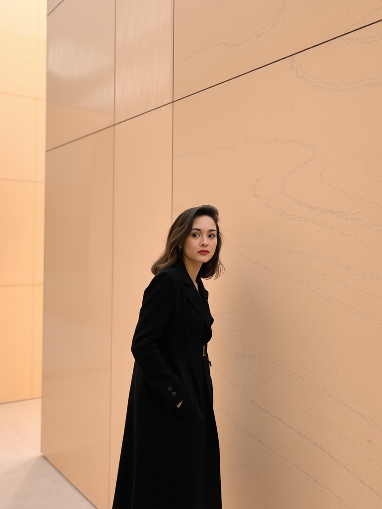 A woman in a long black coat stands against a textured beige wall, exuding elegance and intrigue.