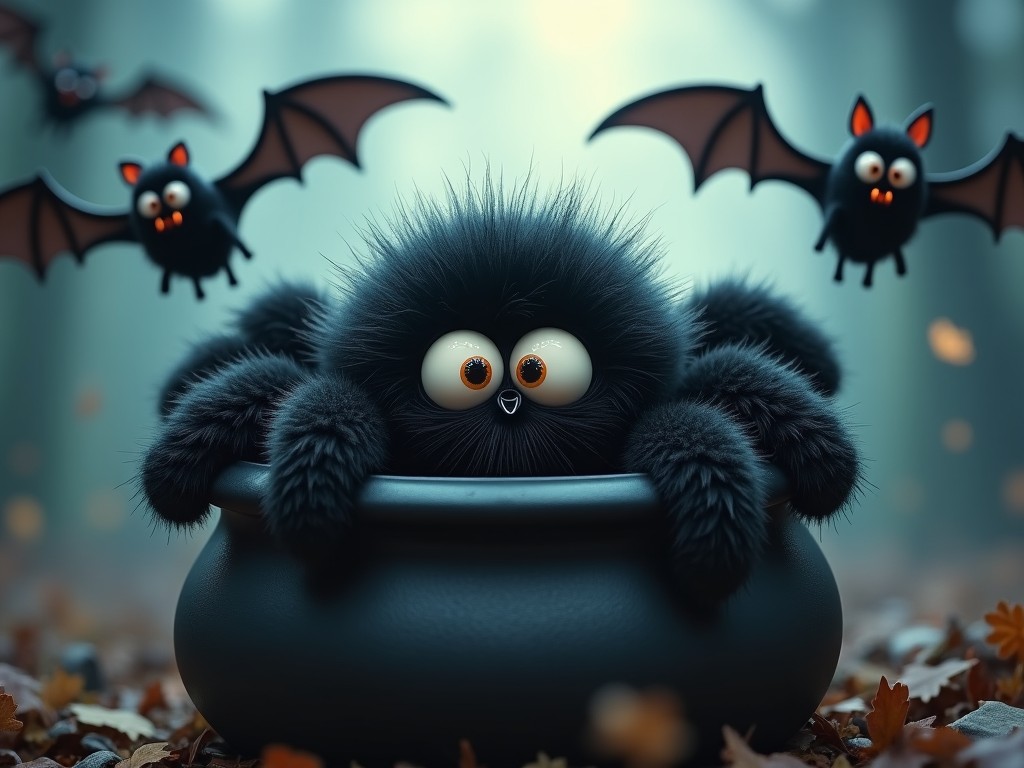 A fluffy black spider peeks out from a cauldron surrounded by flying cartoon bats. The spider has large, expressive eyes that look directly at the camera. The scene is set in a spooky, autumn forest with fallen leaves. The bats are cartoonish, enhancing the playful aspect of the image. The lighting is soft and mysterious, creating an enchanting Halloween vibe.