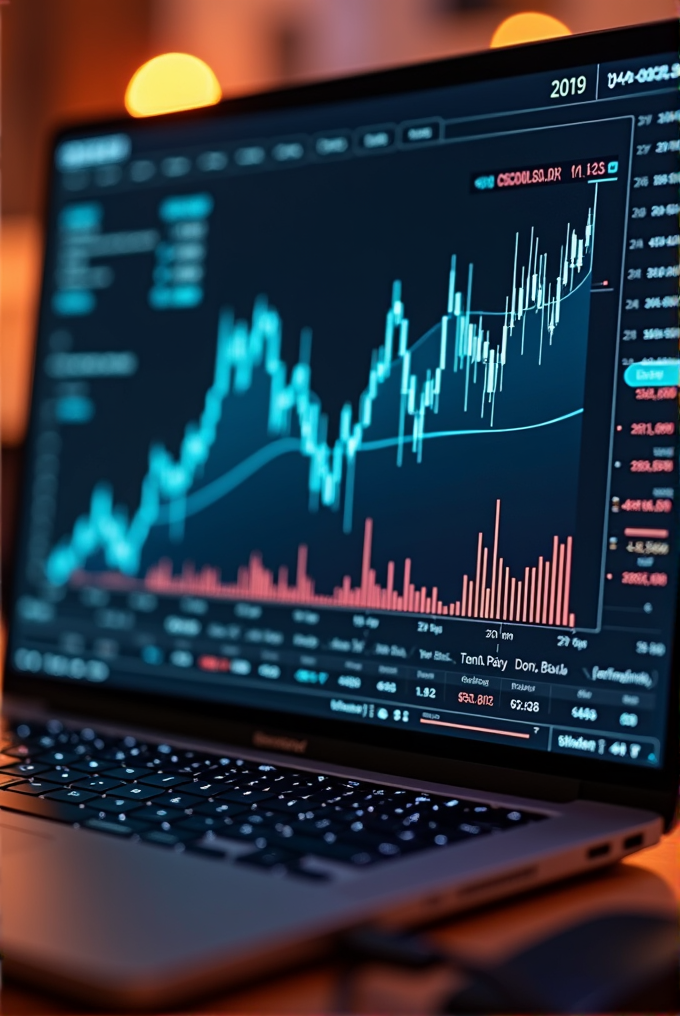 A laptop screen shows a detailed stock market graph with rising trends and numerical data.