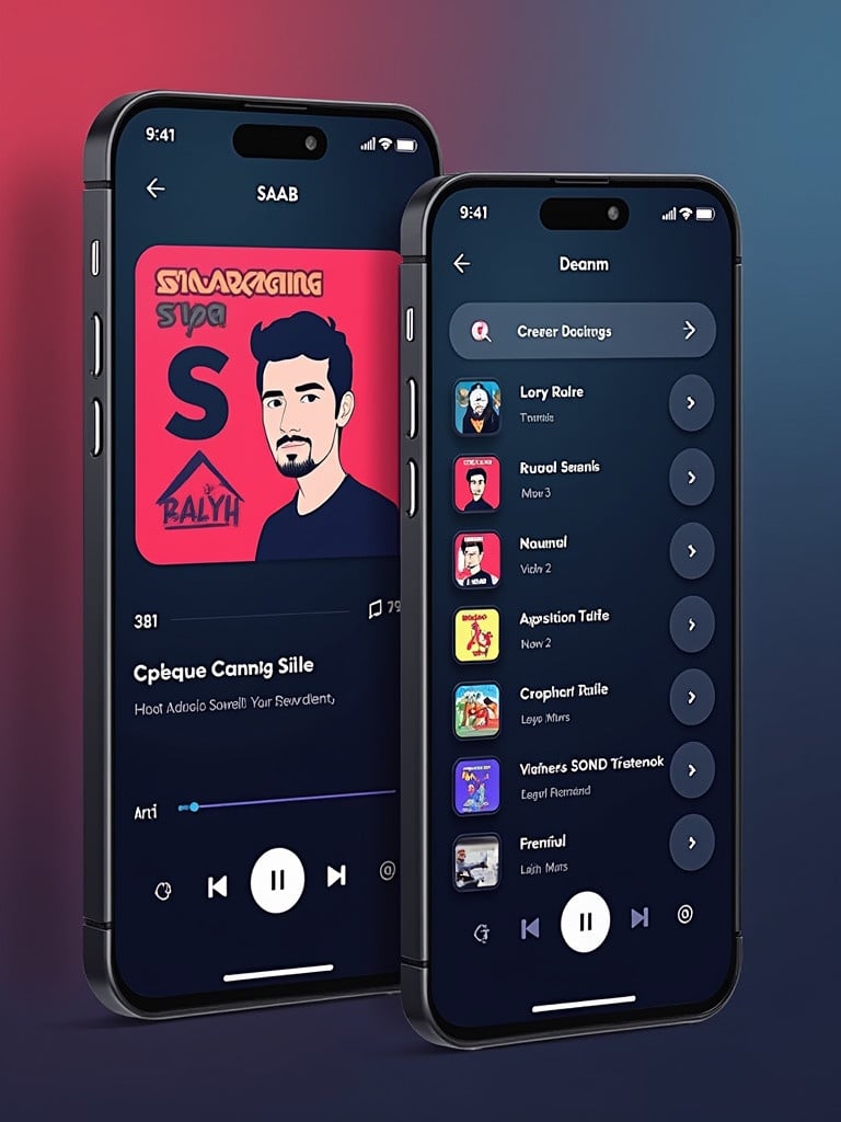 Image shows two smartphones highlighting the SAAB app. The app interface displays music playback features. One smartphone is slightly turned for a dynamic perspective. Both phones are against an abstract gradient background.