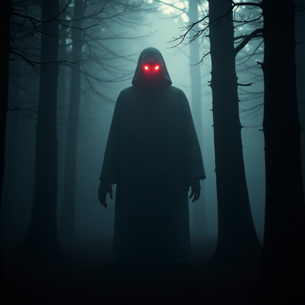 A chilling silhouette of a mysterious figure with glowing red eyes stands menacingly among the trees in a dark, foggy forest. The ambient light casts eerie shadows, enhancing the mystery and fear surrounding the unknown entity. The misty background and shadowy foreground contribute to the suspenseful atmosphere, making the viewer feel an impending sense of danger. The figure wears a hooded cloak, adding to its ominous presence. This scene evokes emotions of intrigue and apprehension, perfect for horror storytelling.