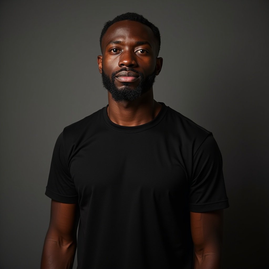 Young man wears a black t-shirt. The setting is minimal with a dark background. Shooting gives a casual and stylish vibe. Lighting enhances the subject's features.