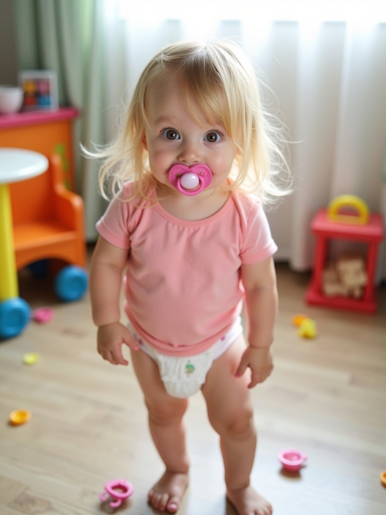 A toddler girl stands playfully. She has a pacifier. She wears a pink shirt and diaper. Soft light comes from a window. Furniture is colorful. Pacifiers are on the floor.