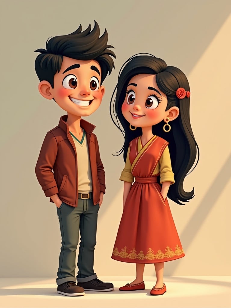 Two animated characters stand together. They wear traditional Nepali attire. The male character has a stylish jacket. The female character wears a red dress with detailed patterns. Characters look friendly and engaging.