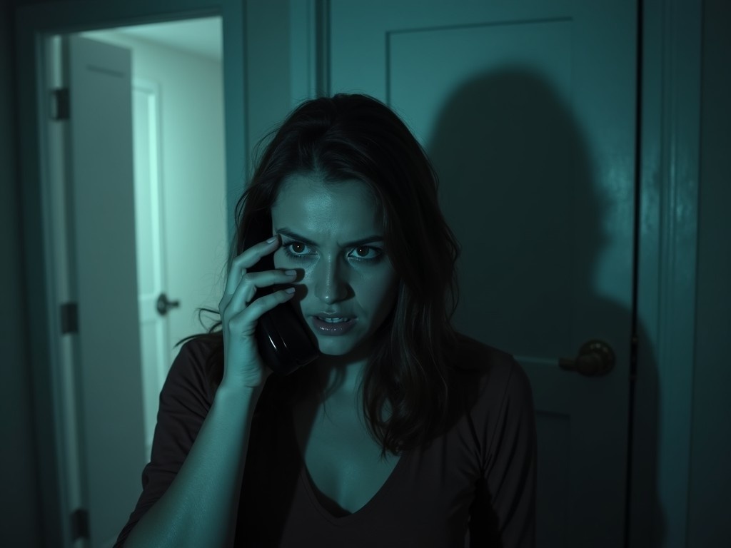 The image depicts a woman standing in a dimly lit hallway, looking intensely at her phone. Her expression conveys fear or anxiety, suggesting she is in a troubling situation. The lighting is low and has a teal tint, which enhances the suspenseful atmosphere. Shadows can be seen behind her, adding to the tense mood. This scene evokes a sense of danger or urgency as she appears to be receiving distressing news.