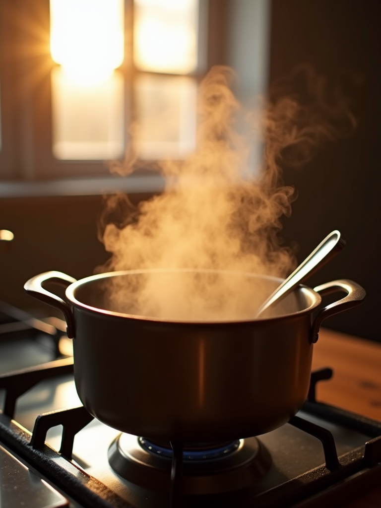 A pot with steam rising sits on a stove, with warm sunlight streaming through a window in the background.