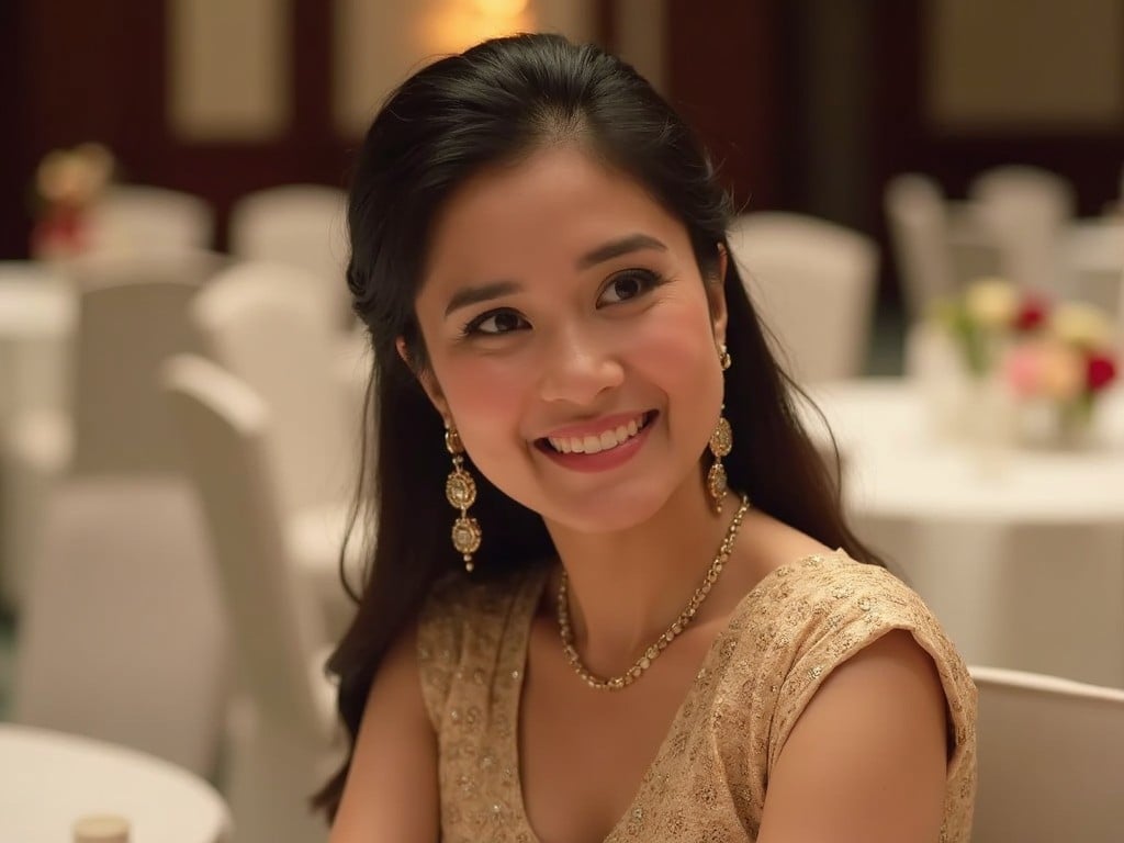 A woman dressed in beautiful traditional attire is sitting at a formal event. She has a bright smile that lights up her face. The dining hall features elegant white tablecloths. Her earrings add a touch of sophistication. The atmosphere is warm and inviting, perfect for a celebration. The setting is well-lit, enhancing her joyful expression. It is a moment capturing the essence of cultural elegance and festive spirit.