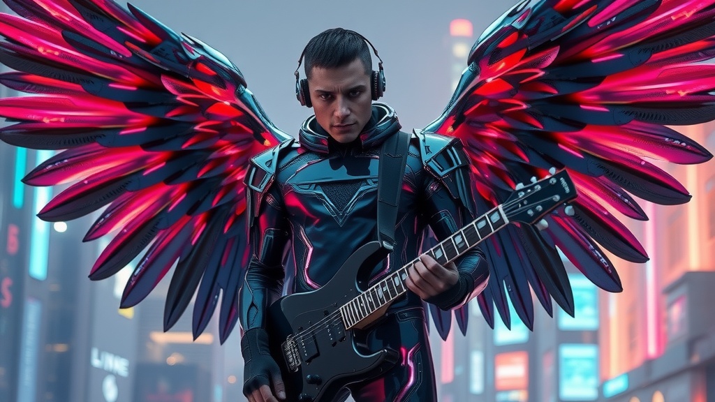 This image features a futuristic figure with glowing, mechanical wings and a sleek, dark guitar. The person is dressed in a high-tech suit and wears headphones, embodying a cyberpunk aesthetic. The neon-lit city backdrop adds to the edgy, other-worldly atmosphere, enhancing the blend of technology and rock culture.