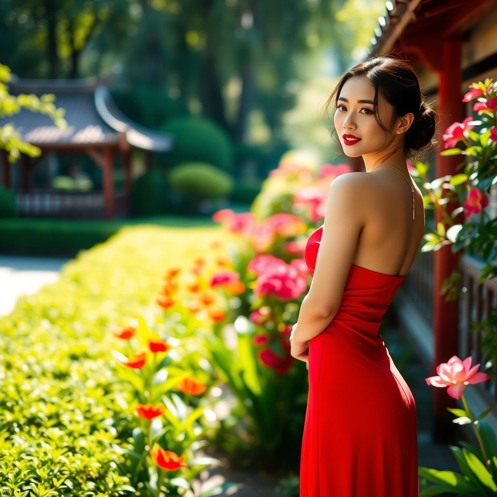 A woman in a red dress is standing in a lush garden surrounded by vibrant flowers.