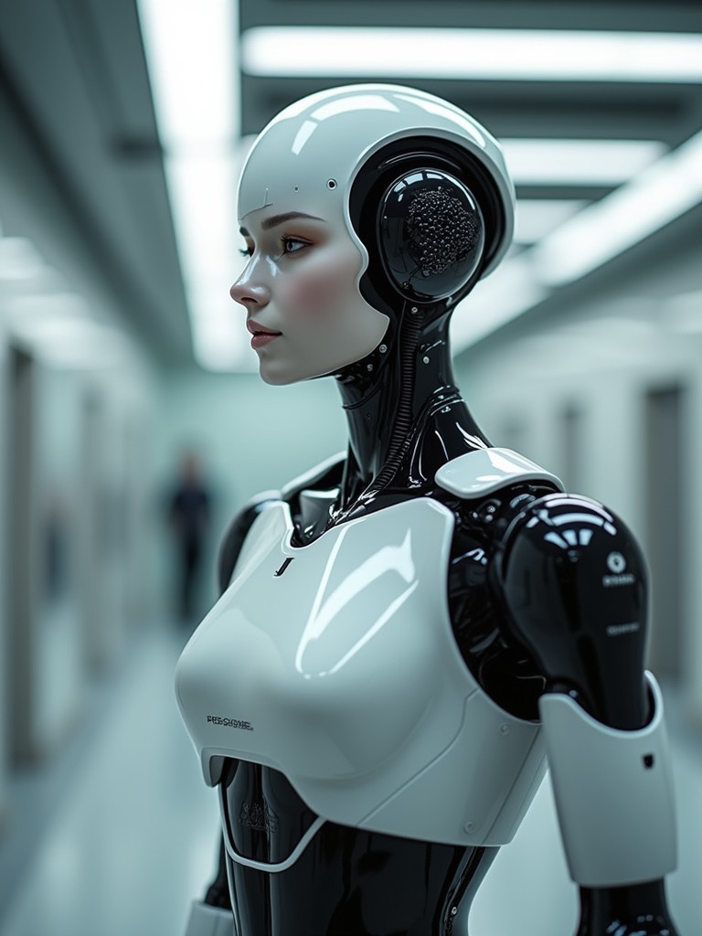 A humanoid robot is positioned in a laboratory. The design is sleek and made of metallic materials. The background features a neutral tone. Soft ambient lighting sets a futuristic mood.