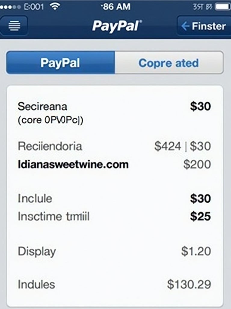 Generate a digital PayPal interface showing a transaction receipt for $30. Display recipient email dianasweetwine.com. Include payment details and security features clearly.