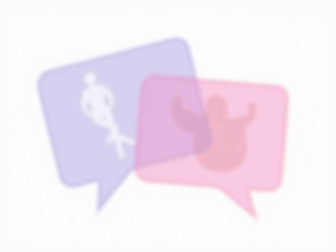 The image features two overlapping 3D speech bubbles in pastel purple and pink against a minimalist white background. One bubble contains a silhouette of a person in a relaxed pose, while the other portrays a simple outline of a person gesturing with their arms. The design aims to symbolize communication and social interaction. The pastel colors add a soft, contemporary feel to the concept. This visual is suitable for discussions about dialogue, marketing, or social engagement.