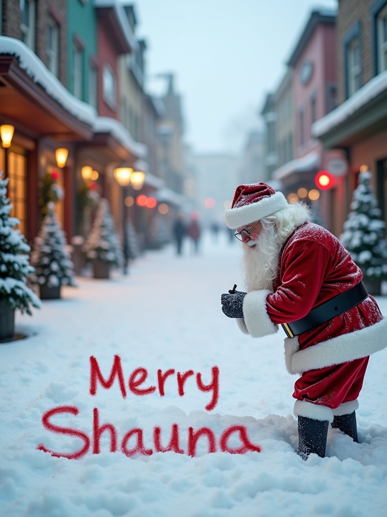 Santa Claus is writing Merry Christmas Shauna in snow. He wears red and white attire with a black belt. The scene features a snowy street with charming buildings. Soft winter light creates an inviting atmosphere. The overall mood is cheerful and festive for the holiday season.