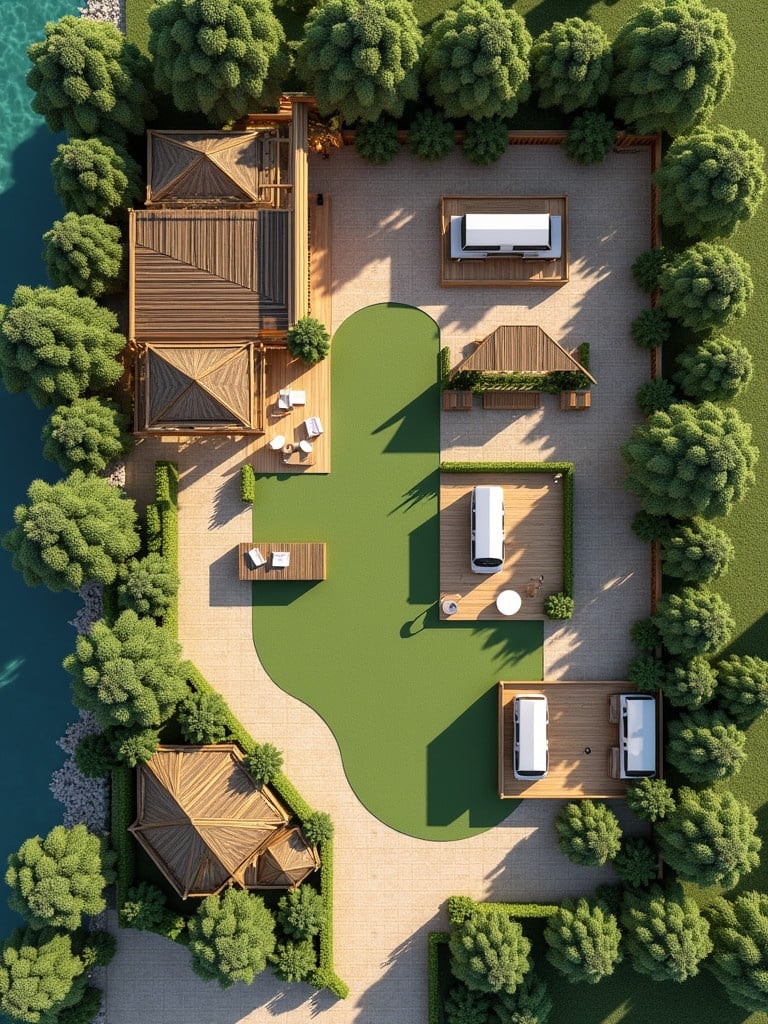 Aerial view layout for a 10-acre event space. The design includes a bamboo bar and kitchen. Two lounge areas are present. A stage for music events is visible. Parking for 150 cars is included.